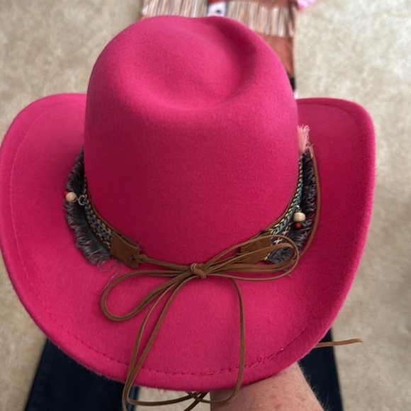 Fuchsia Cowgirl Hat with Beaded Trim - Picture 2 of 3